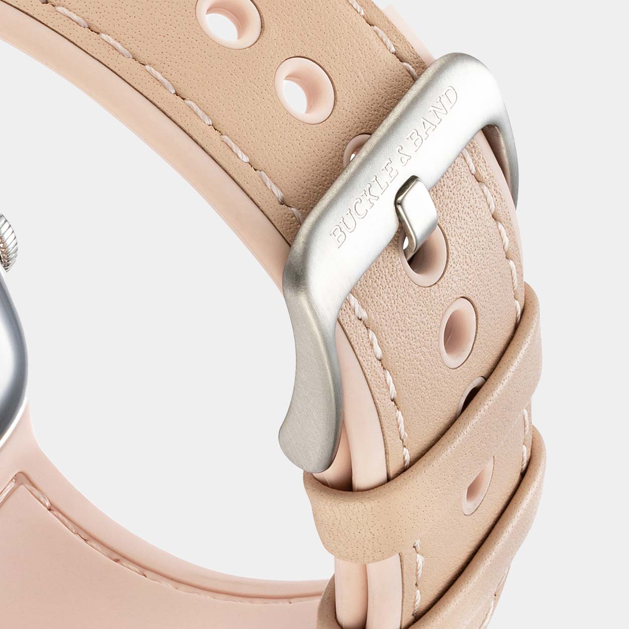 Silver Buckle and Band Buckle on Mona Apple Watch