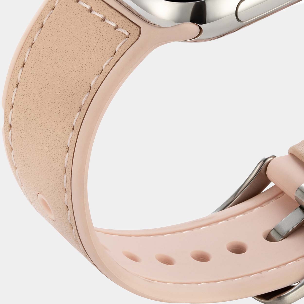 Close up of the Mona Apple Watch strap with silicone under and leather upper
