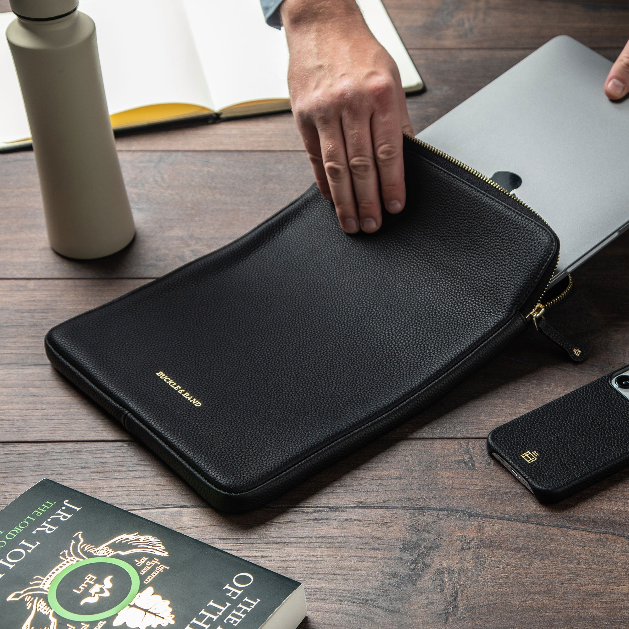 Black Leather MacBook Pro Laptop Case 13", 14", 16" - Buckle and Band - 14-MBC-BLK-01